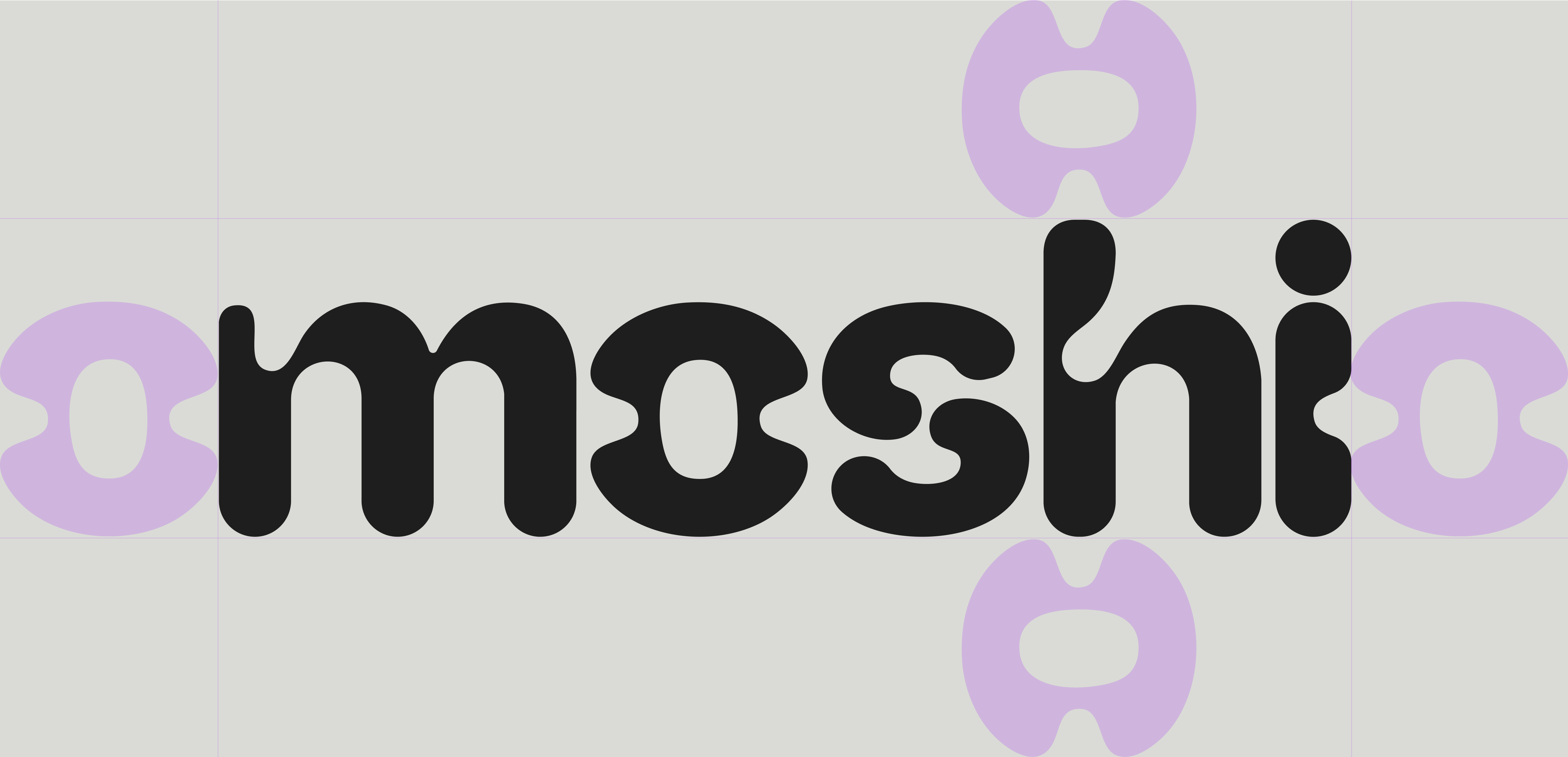Moshi wordmark on light background with bubble-shaped padding guidelines showing the spacing system derived from the letterforms